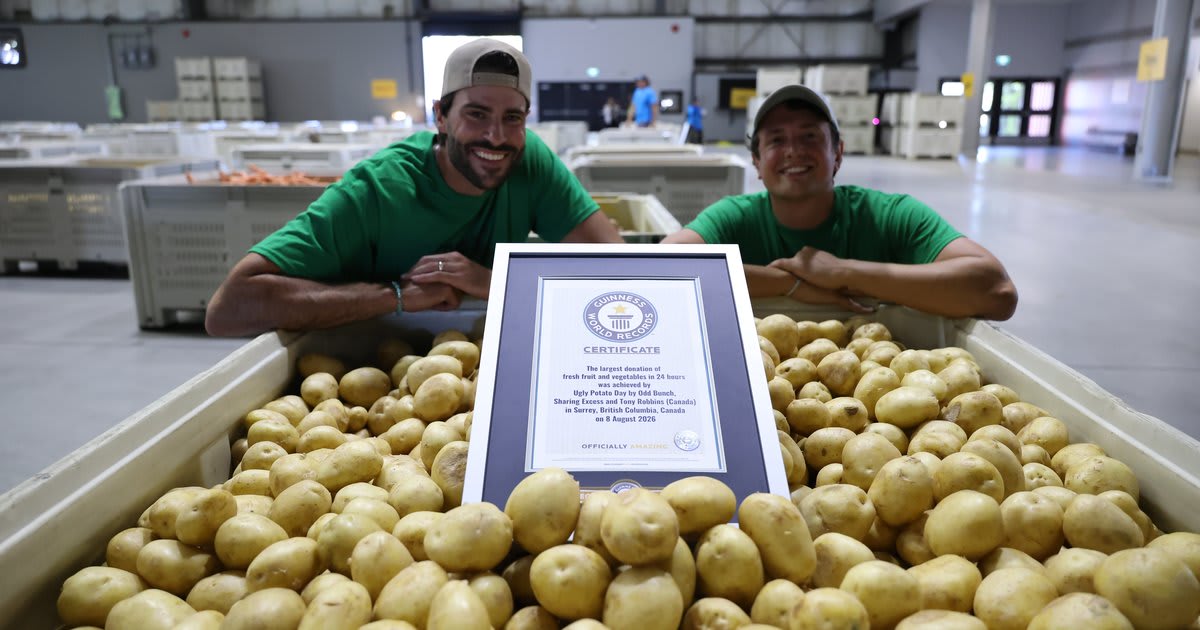 Volunteers sorting and distributing fresh fruits and vegetables at world record food drive event