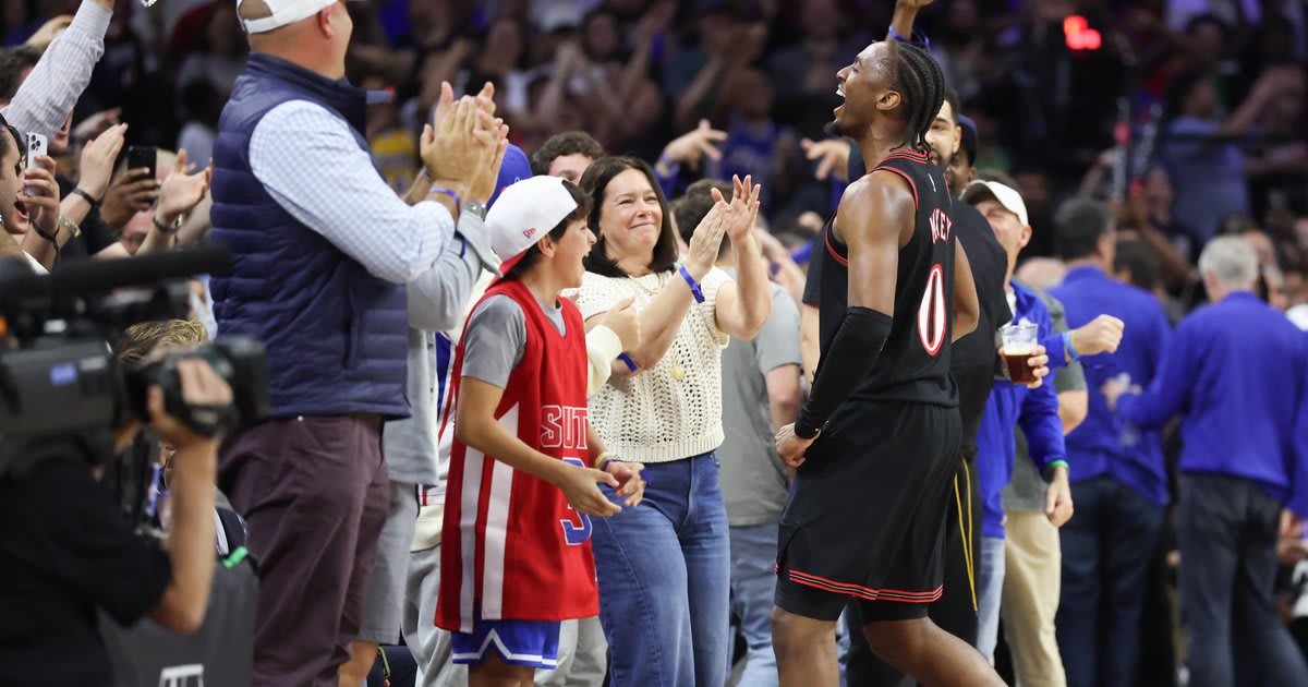 Tyrese Maxey celebrates after scoring during Philadelphia 76ers playoff-clinching victory over Orlando Magic