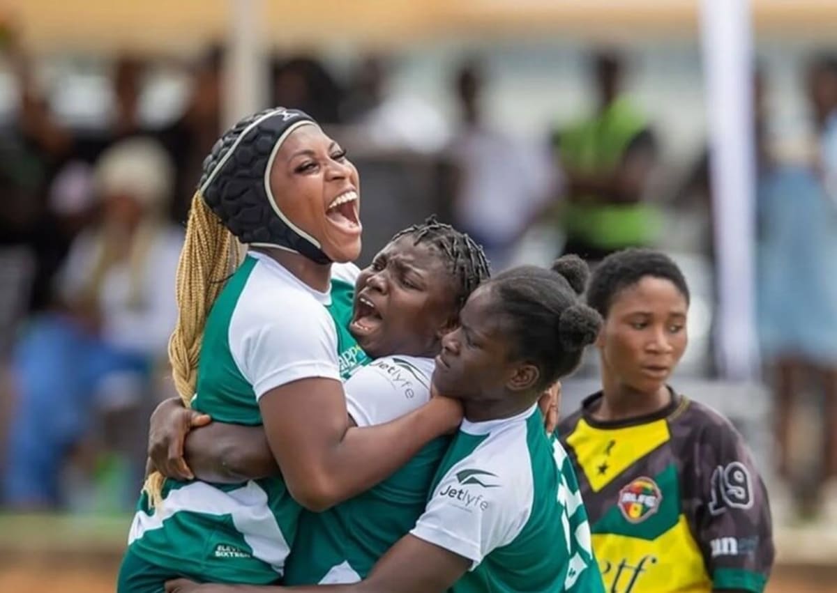 Nigerian rugby players in action during international competition showing athletic determination and teamwork