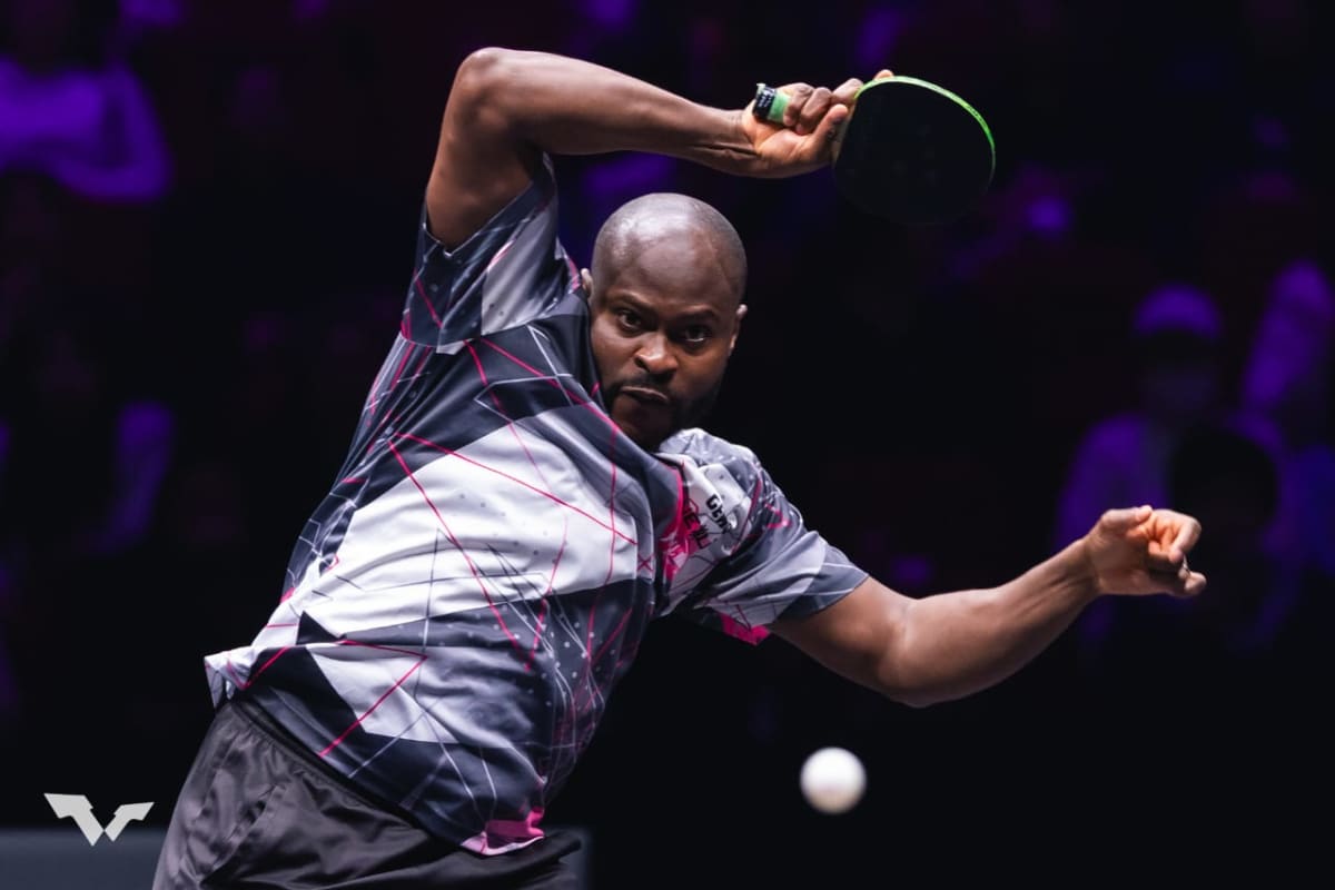 Nigerian table tennis player Quadri Aruna competing in international tournament match