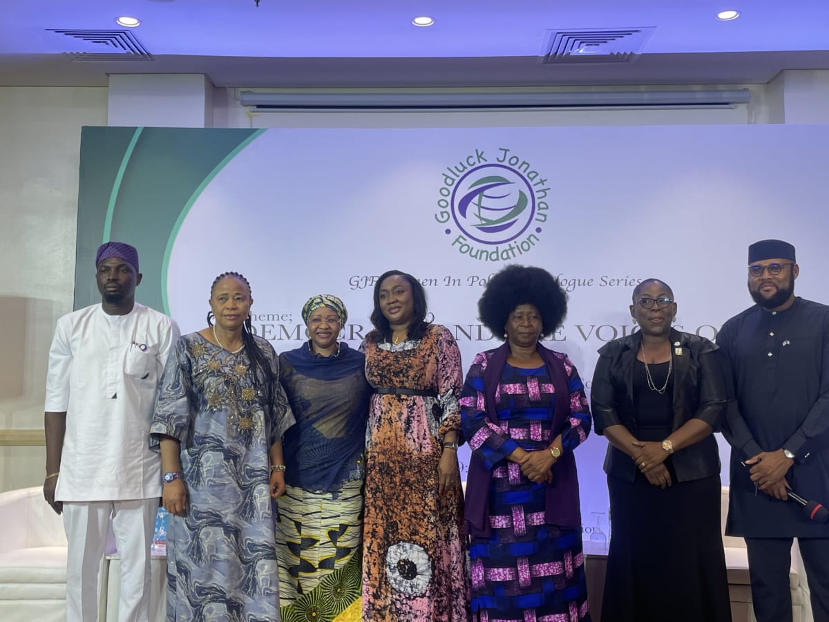 Nigerian women leaders speaking at policy dialogue about increasing female political representation