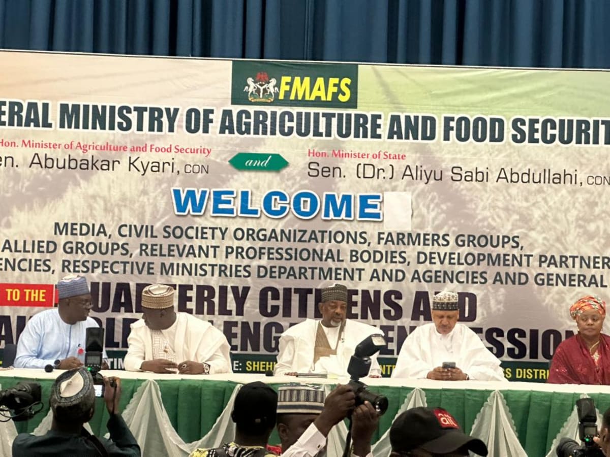 Nigerian Agriculture Minister Abubakar Kyari speaking at citizens' engagement session in Abuja about food price improvements