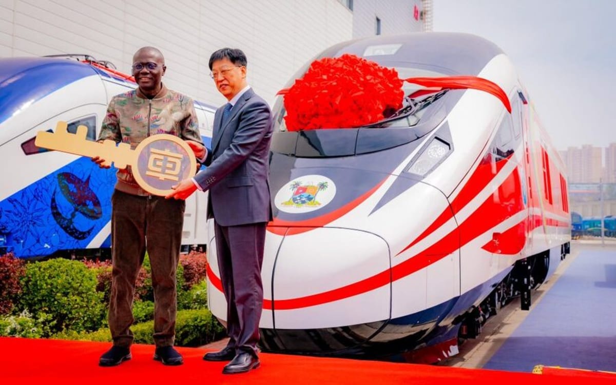 Modern train cars on elevated tracks in Lagos, Nigeria Red Line corridor