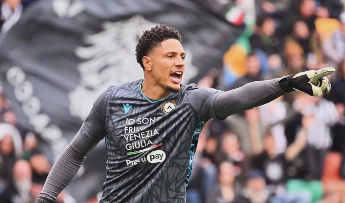 Nigerian goalkeeper Maduka Okoye making a save for Udinese during Serie A match