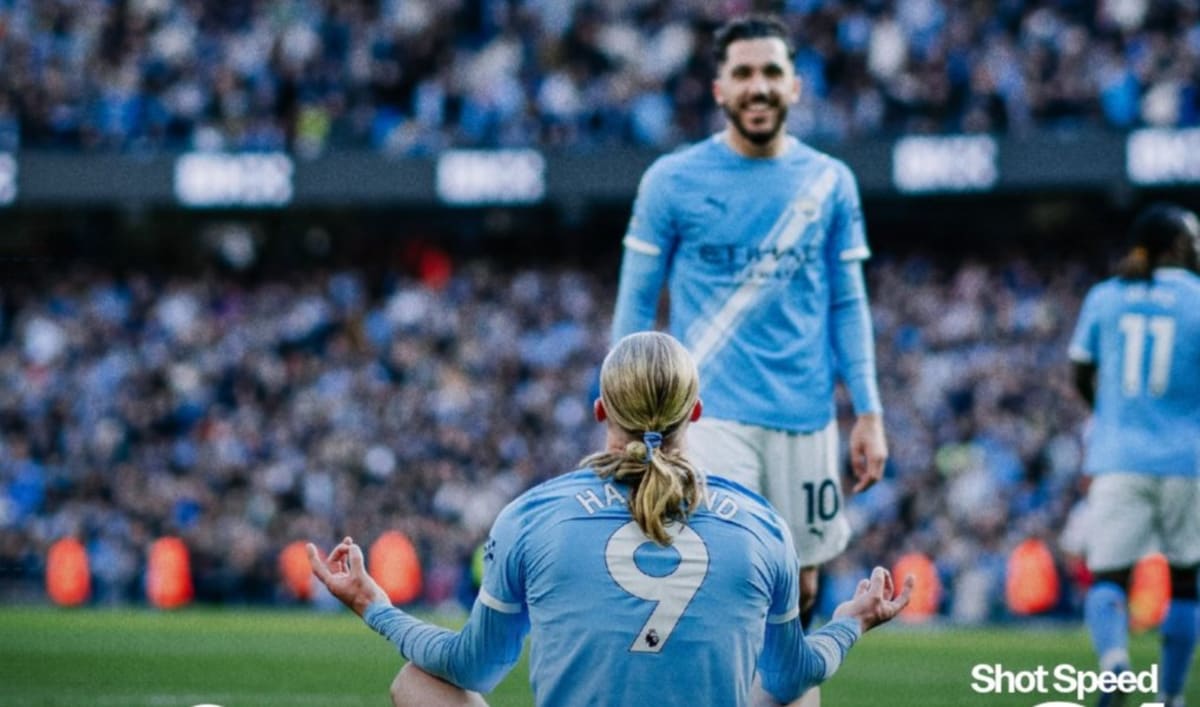 Erling Haaland celebrates scoring winning goal for Manchester City against Arsenal at Etihad Stadium