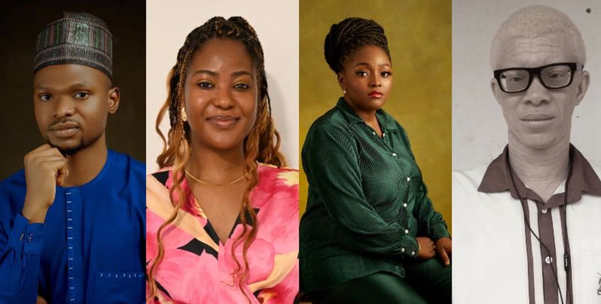 Four young Nigerian authors celebrating literary achievement with stacked books and Commonwealth flag