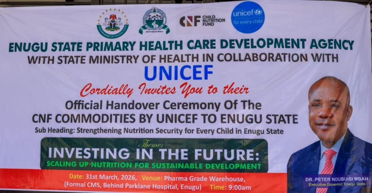 UNICEF representative handing nutrition supplies to Nigerian healthcare officials in Enugu State