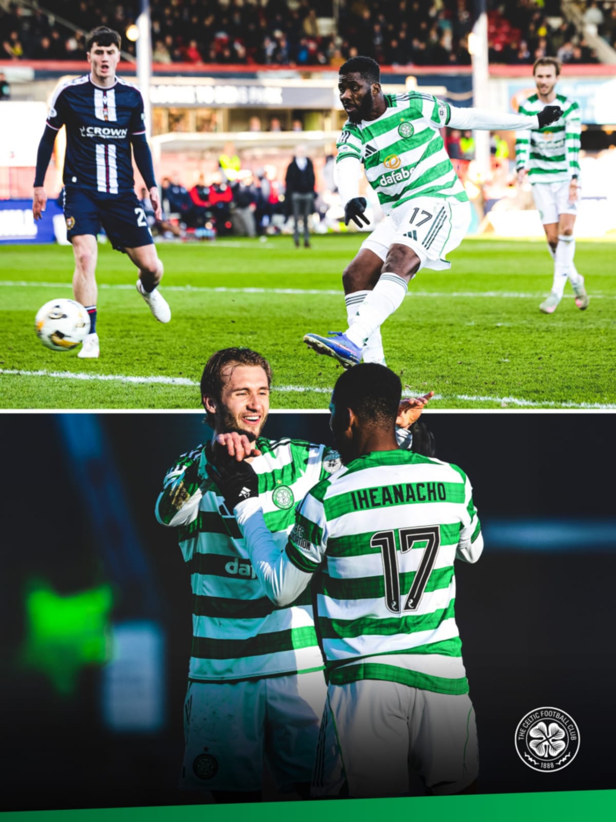 Nigerian footballer Kelechi Iheanacho celebrating in Celtic green and white jersey after scoring winning goal