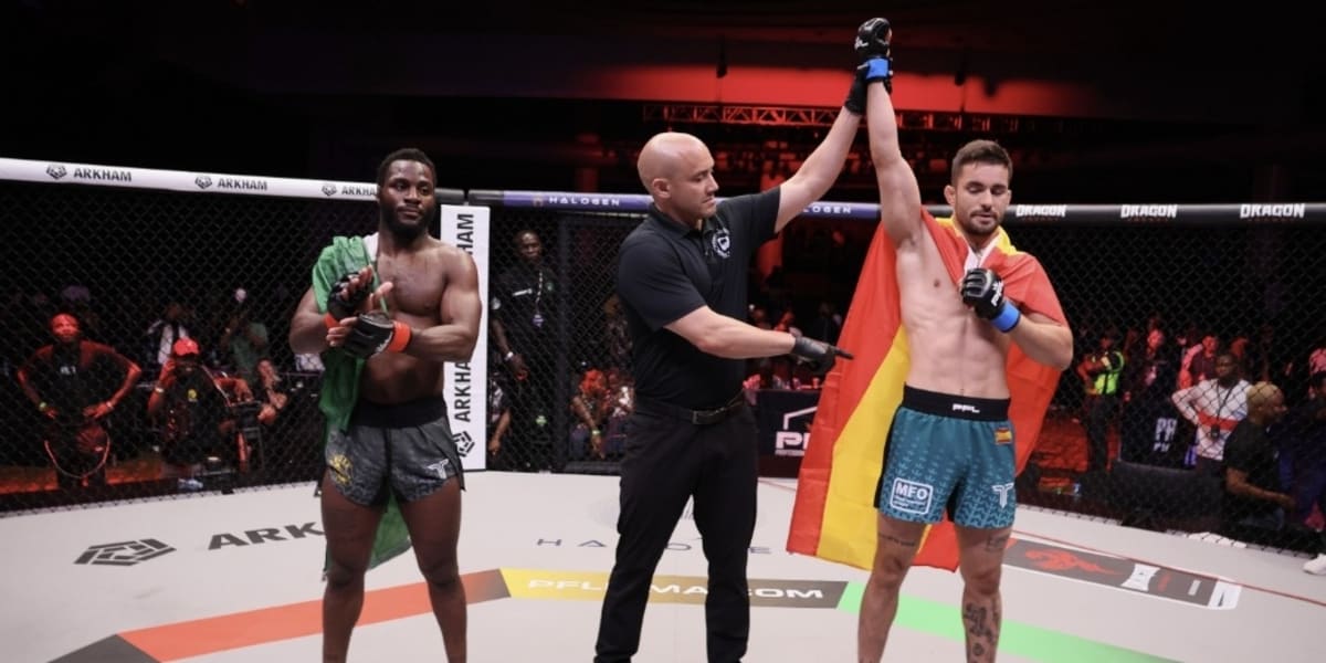 Nigerian MMA fighter Patrick Ocheme celebrates knockout victory at PFL Africa event in Lagos