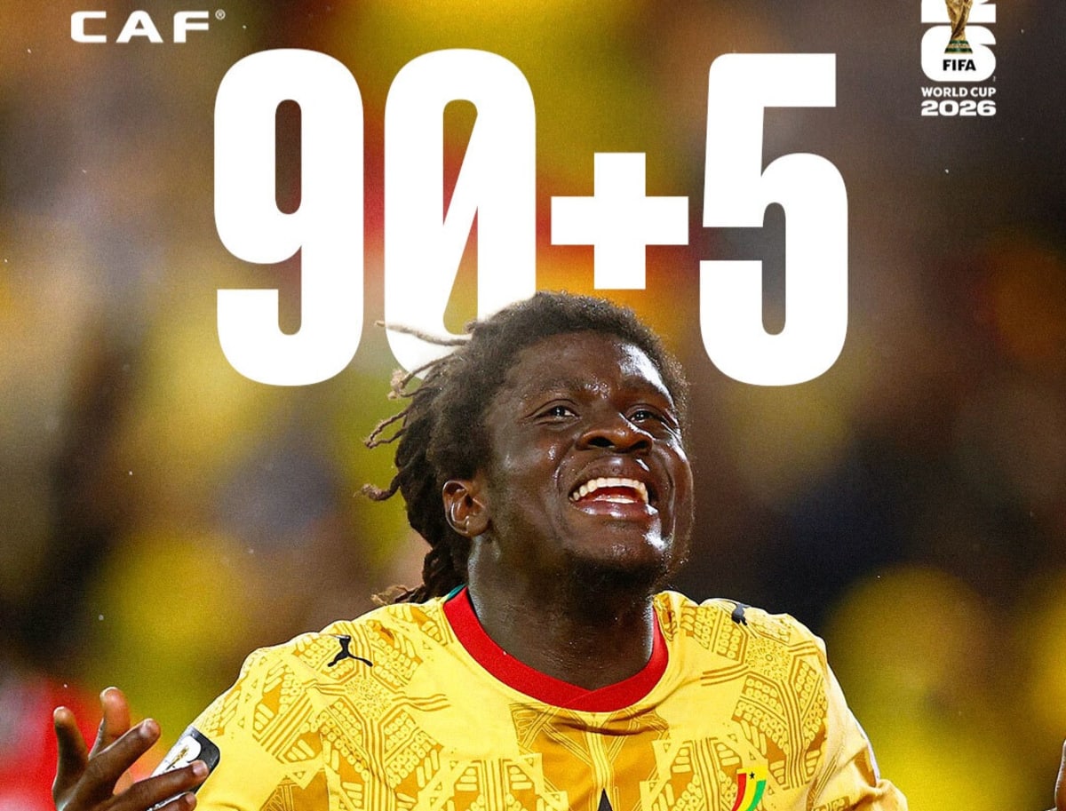 Ghana soccer players celebrating after Caleb Yirenkyi's stoppage time World Cup goal against Panama