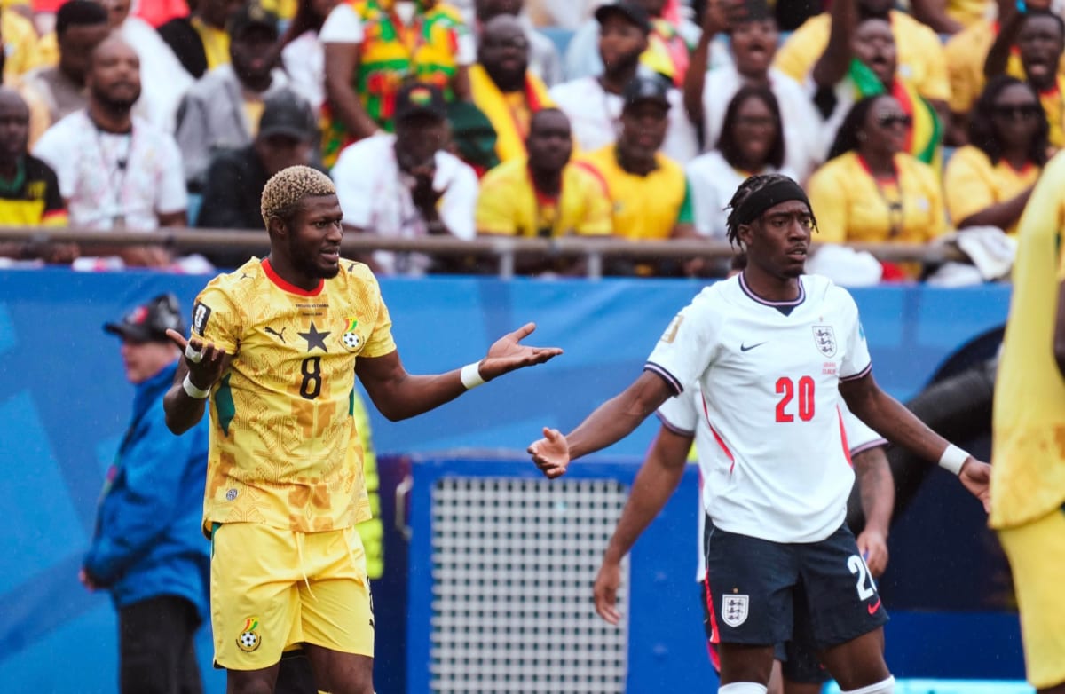 Ghana national soccer team players celebrating defensive stand against England at World Cup