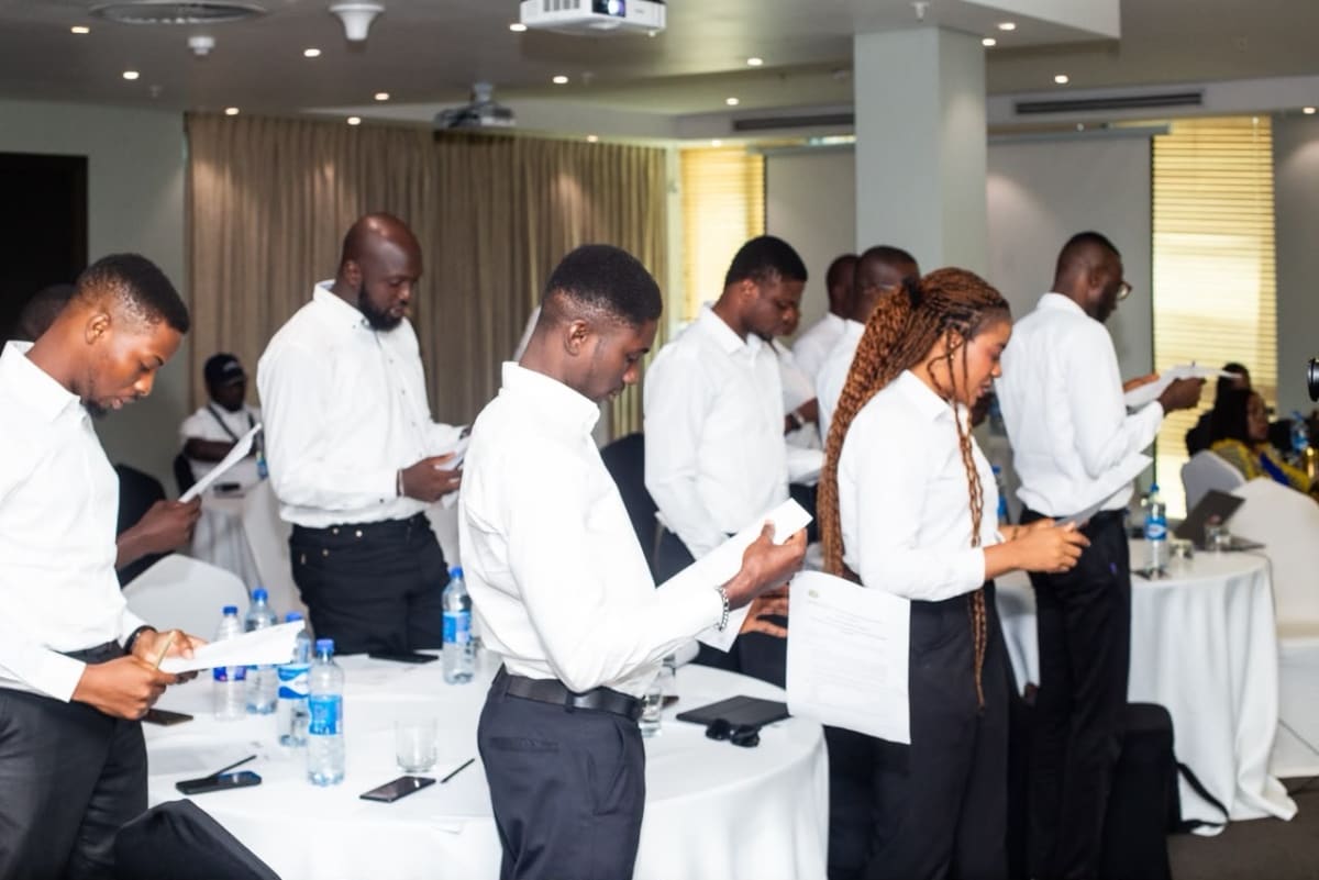 Young Nigerian aviation trainees standing together at training program launch ceremony in Lagos