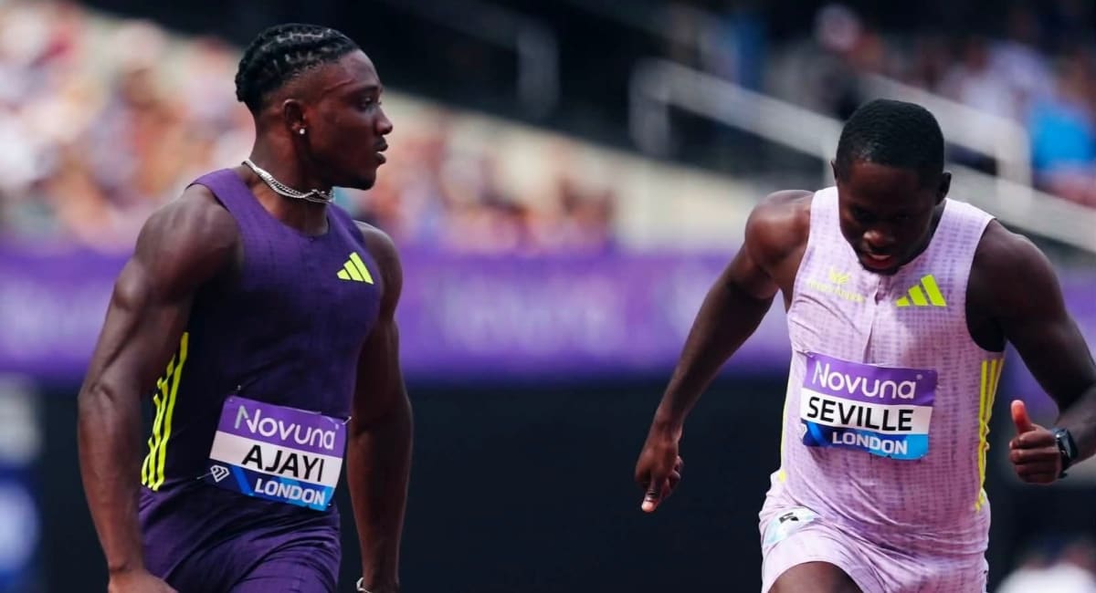 Nigerian sprinter Kayinsola Ajayi celebrating victory at Diamond League track meet in London