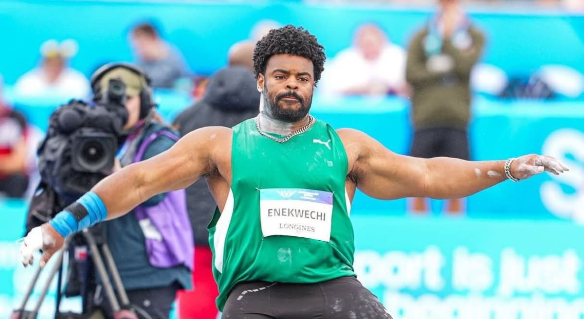 Nigerian shot putter Chukwuebuka Enekwechi celebrating gold medal victory at Commonwealth Games in Glasgow