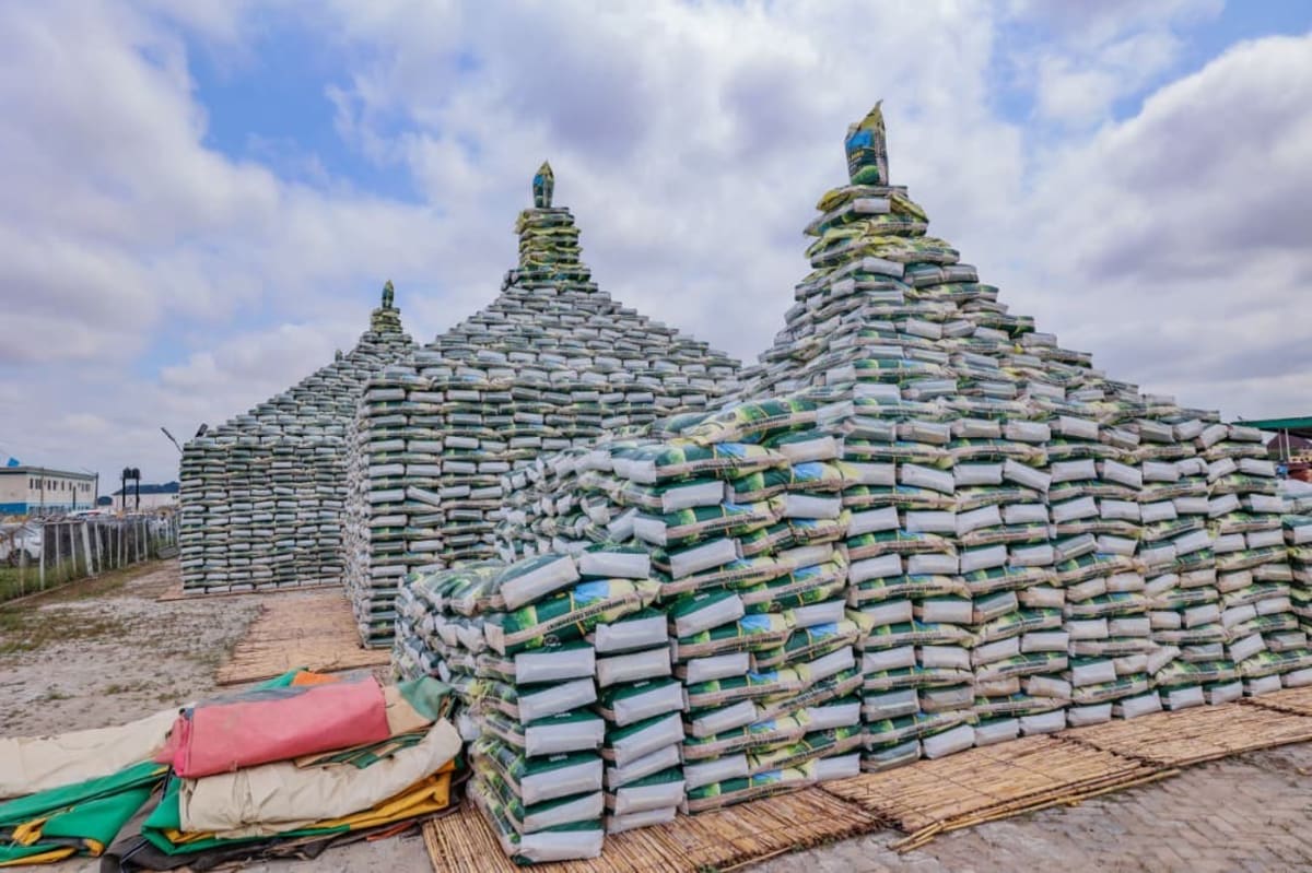 Nigerian farmers receiving bags of fertilizer at distribution center in Zamfara State