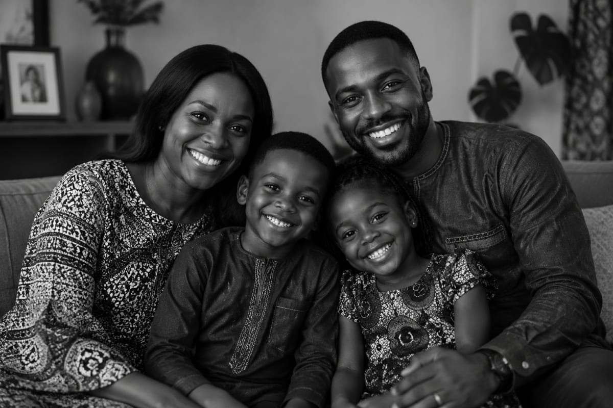 Father holding newborn baby while mother recovers in hospital bed in Nigeria