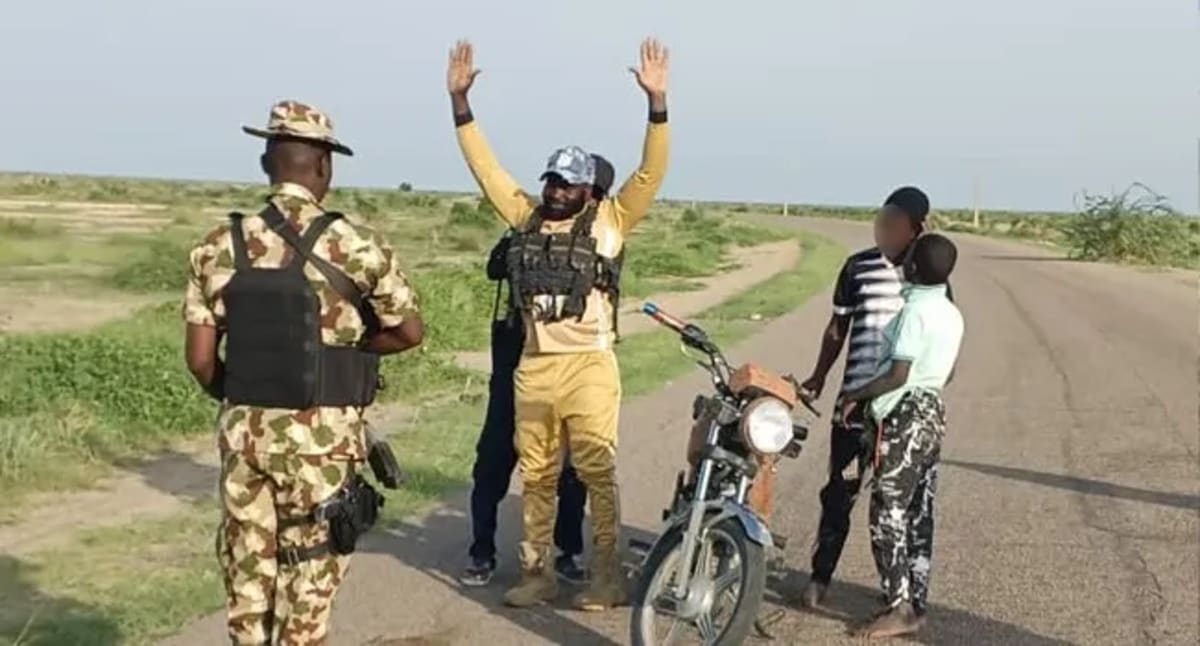 Nigerian military troops on patrol in Borno State northeastern Nigeria region