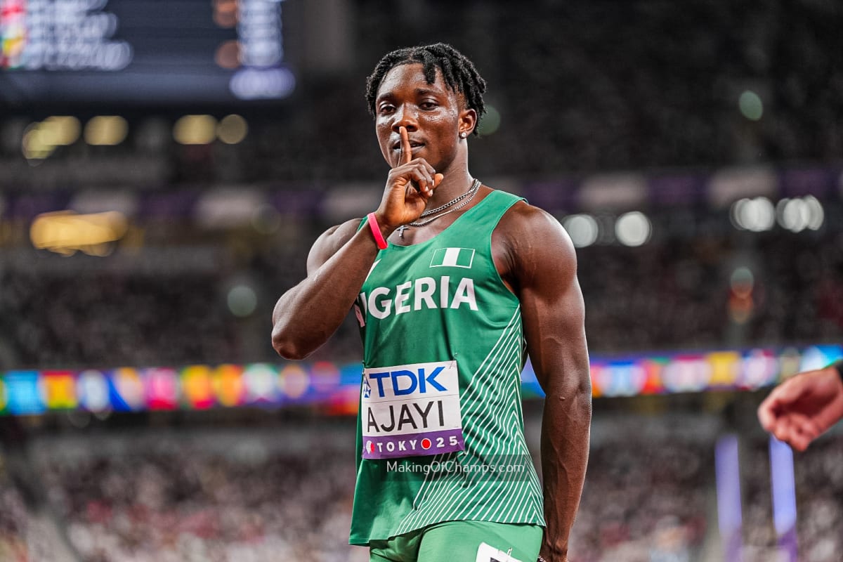 Young Nigerian sprinter Kanyinsola Ajayi celebrating on track after Commonwealth Games bronze medal performance