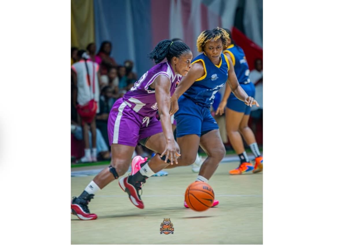 MFM women's basketball team celebrating championship victory at Lagos National Stadium