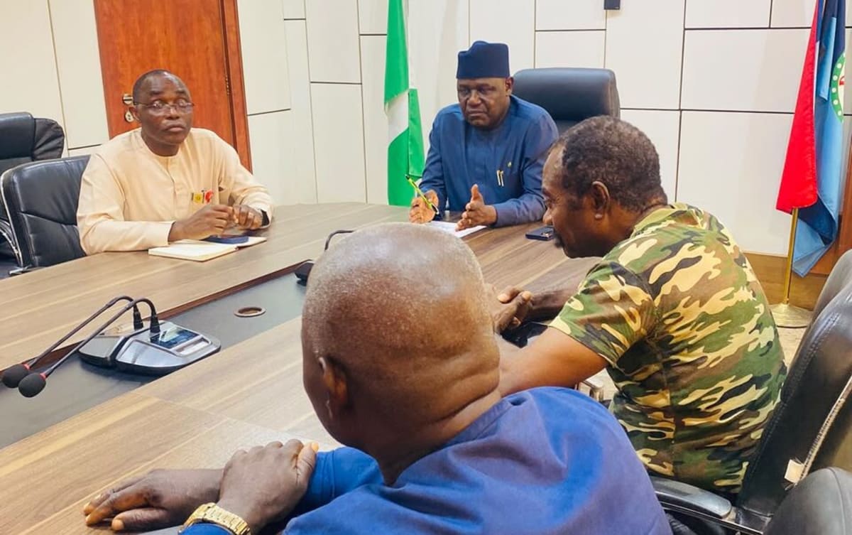 Nigerian military veterans meeting with defence ministry officials at conference table discussing pension reforms