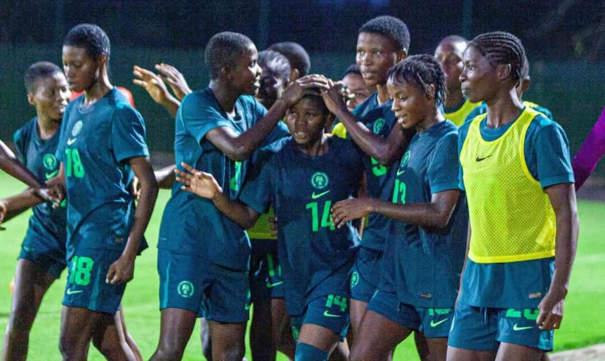 Young Nigerian soccer players celebrating goal during WAFU B U-17 Girls' Cup tournament match