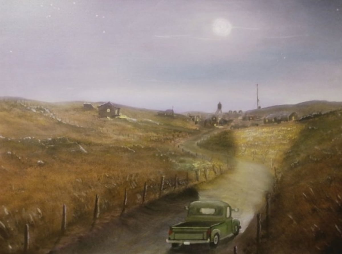 Oil painting display in hospital corridor featuring nature scenes with birds and animals