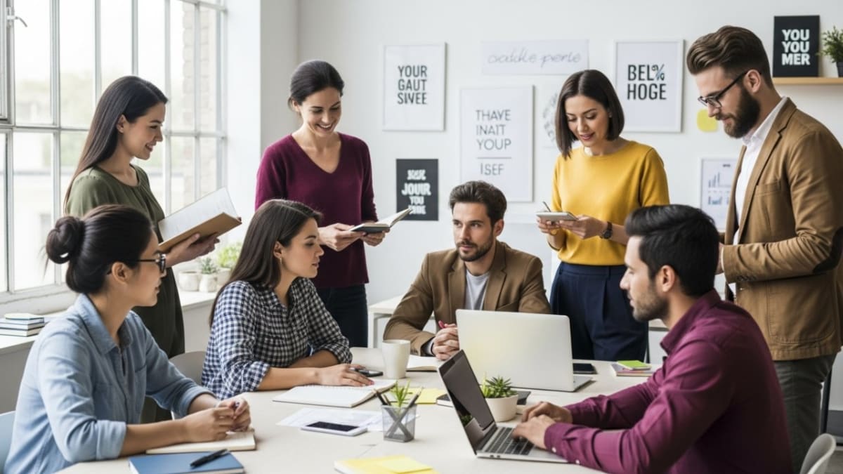 Diverse group of entrepreneurs working on laptops with supportive mentor in bright modern workspace