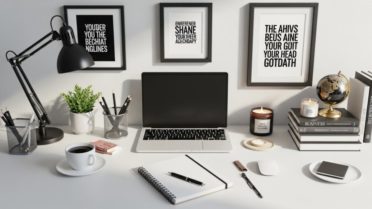 Woman entrepreneur working on laptop in modern office space with confident smile