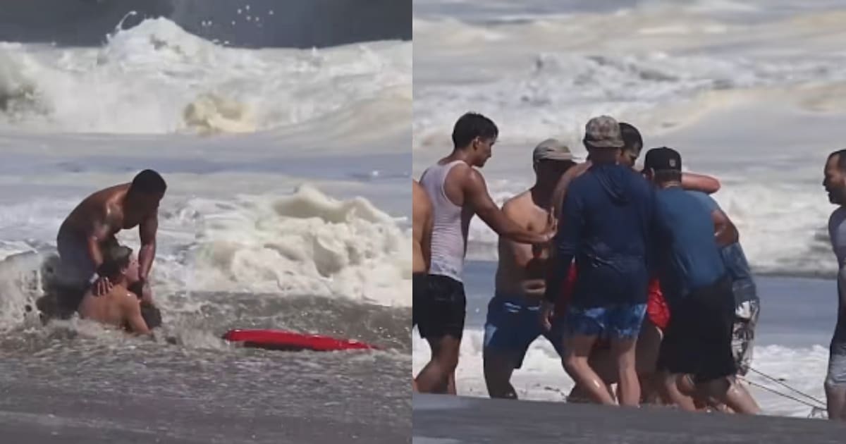 Teen lifeguard holding child tight in ocean waves during dramatic beach rescue