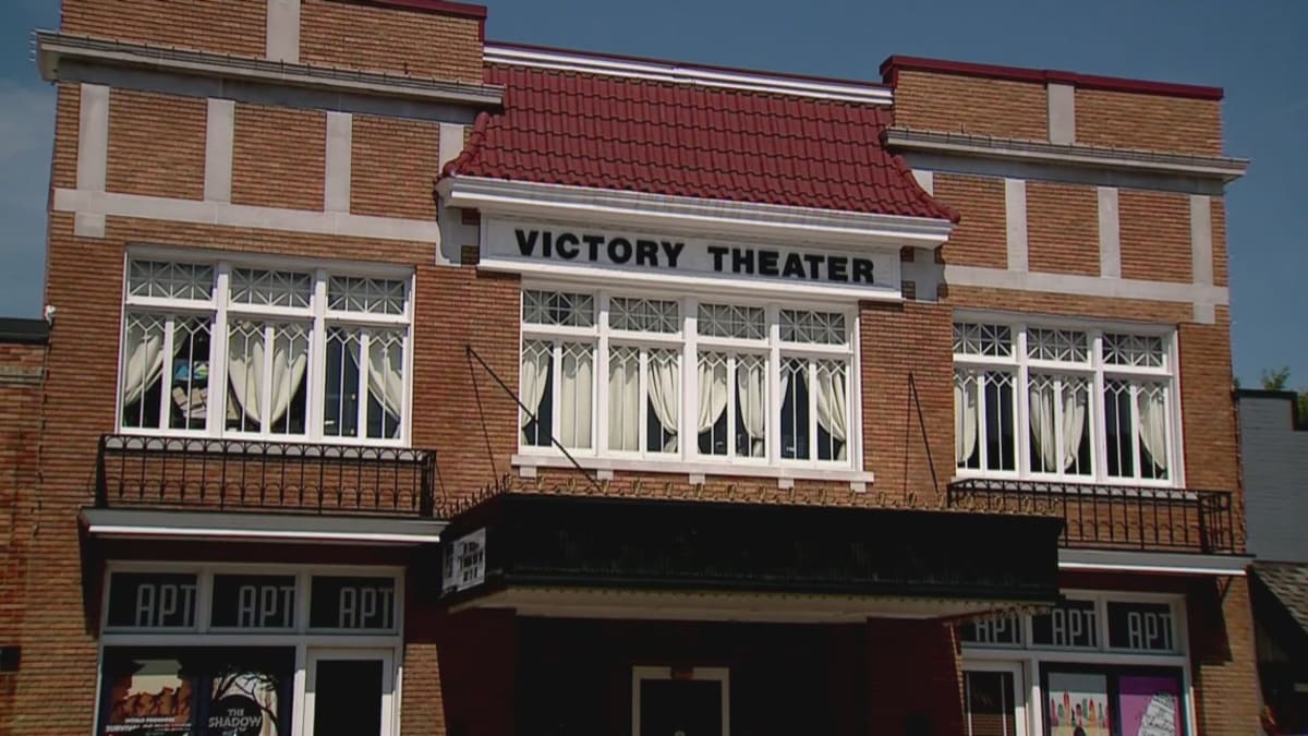 Historic Victory Theater facade in downtown Rogers, Arkansas, restored after tornado damage