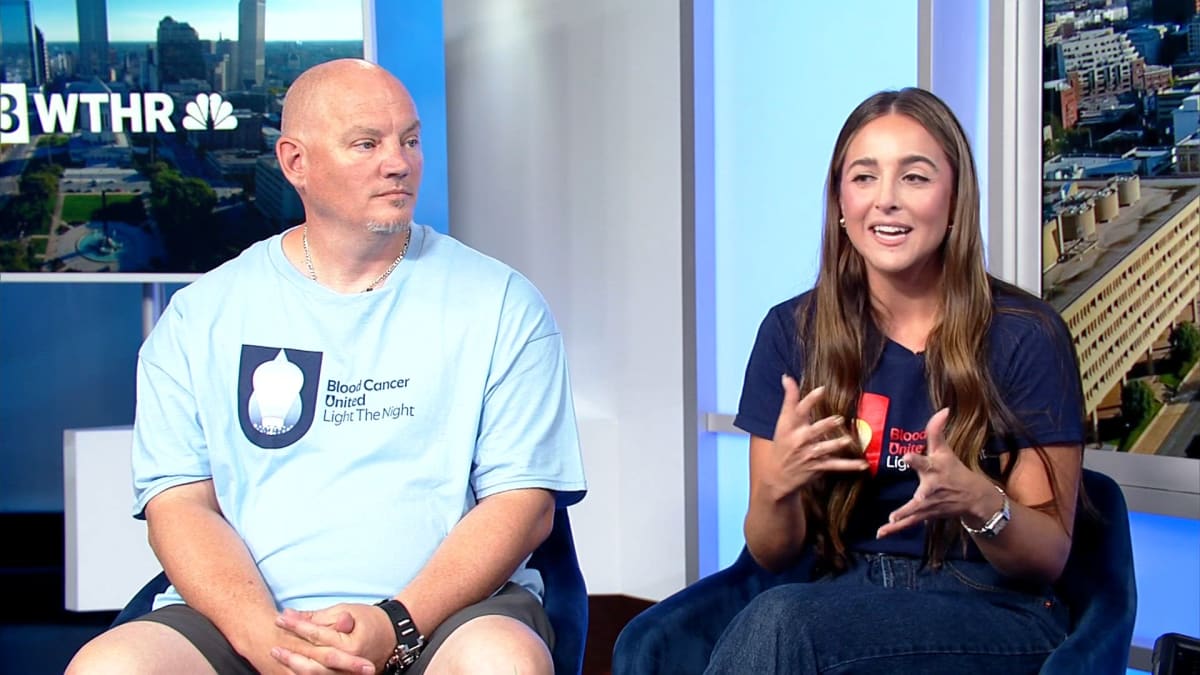 ** Blood cancer survivor standing with WTHR team promoting Light The Night fundraising event