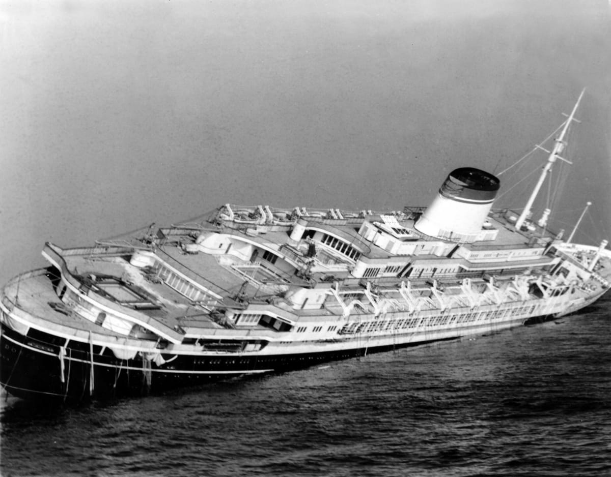 The Italian ocean liner Andrea Doria tilting severely before sinking in 1956
