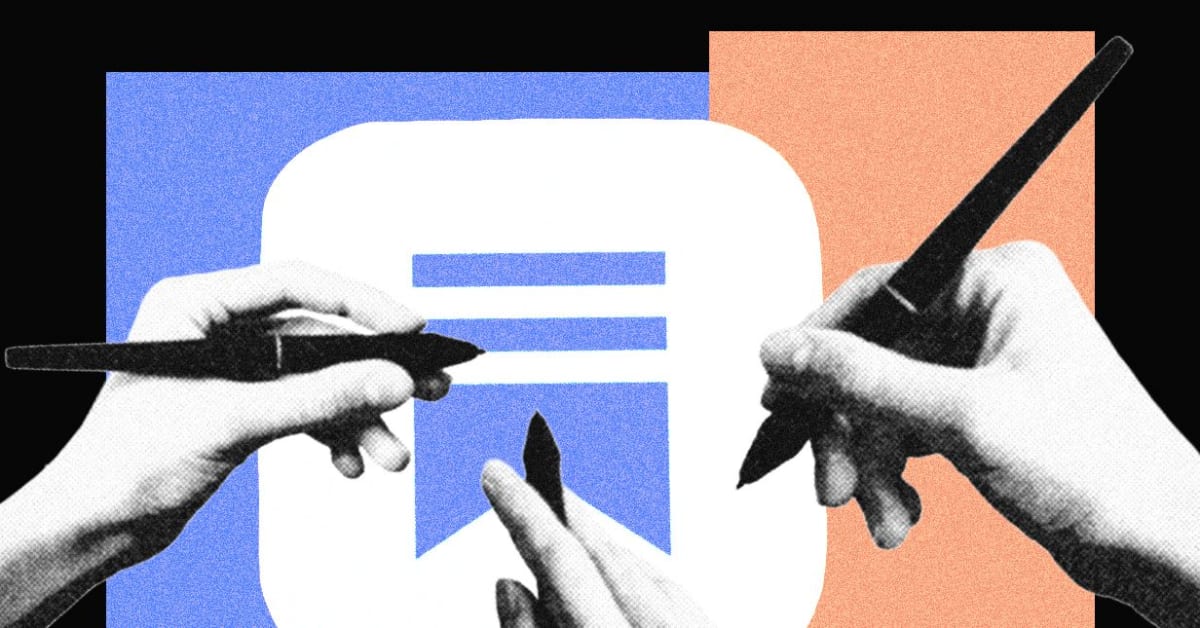 Journalist speaking into microphone at computer with AI assistant drafting article on screen