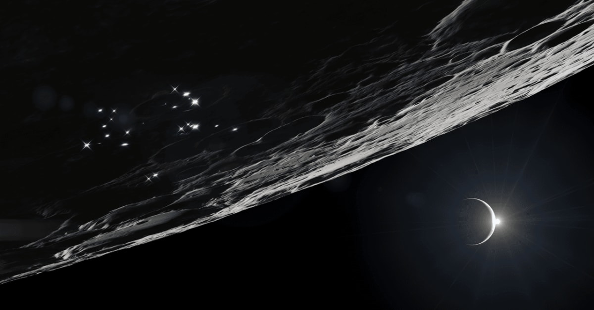 Artist rendering of NASA lunar base with habitats and rovers at moon's south pole