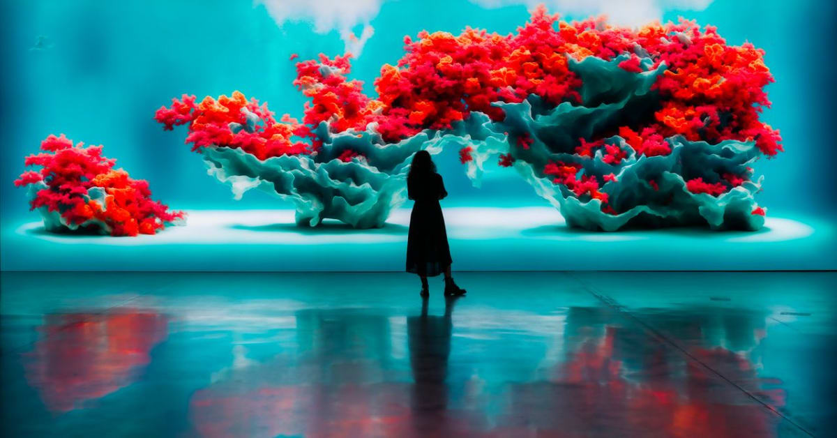 Visitors experiencing immersive digital rainforest projections on walls and floor at Dataland museum