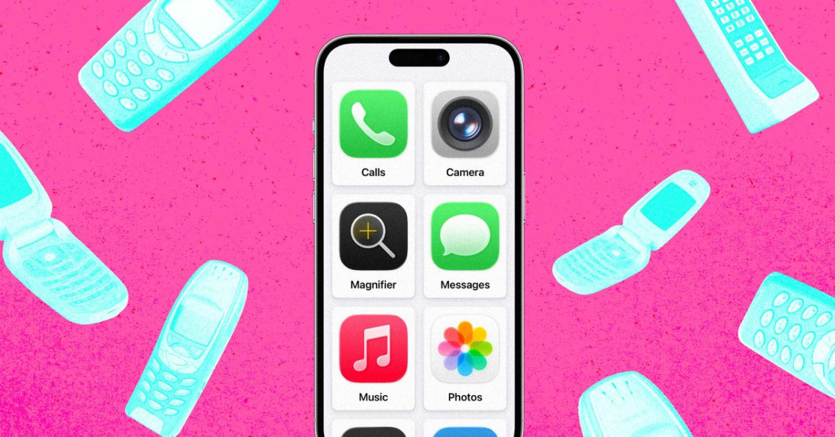 iPhone screen showing six large app tiles in Assistive Access mode for children