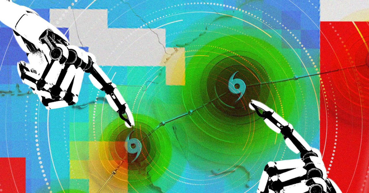 Satellite view of hurricane with overlaid digital prediction models and data visualization