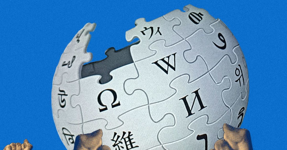 Wikipedia logo displayed on laptop screen with diverse group of remote workers collaborating