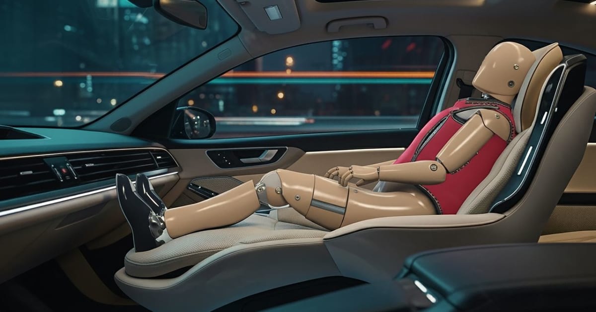 Modern autonomous vehicle interior showing flexible seating designed for passenger comfort and safety