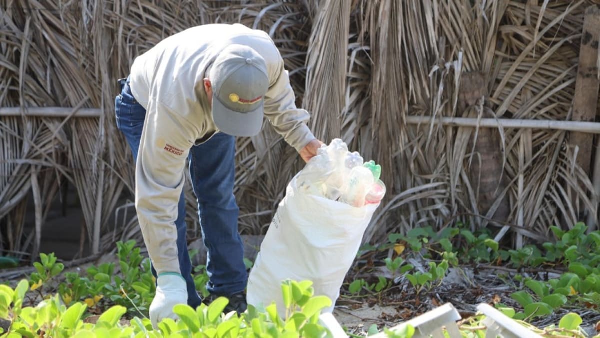 Volunteers collecting plastic waste and debris during beach cleanup at Acapulco coastline in Mexico