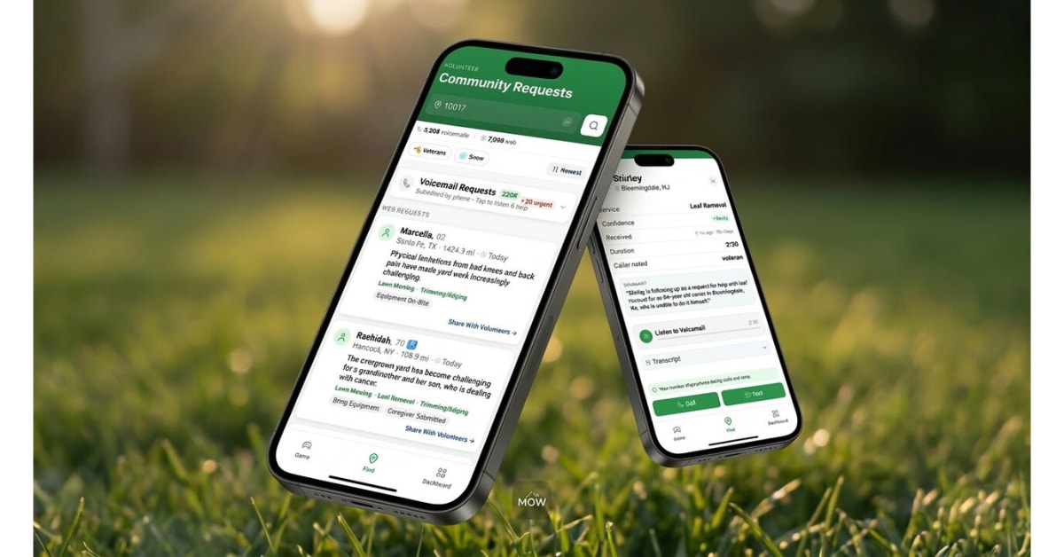 Volunteer pushing lawn mower helping elderly homeowner maintain their yard through MOW app