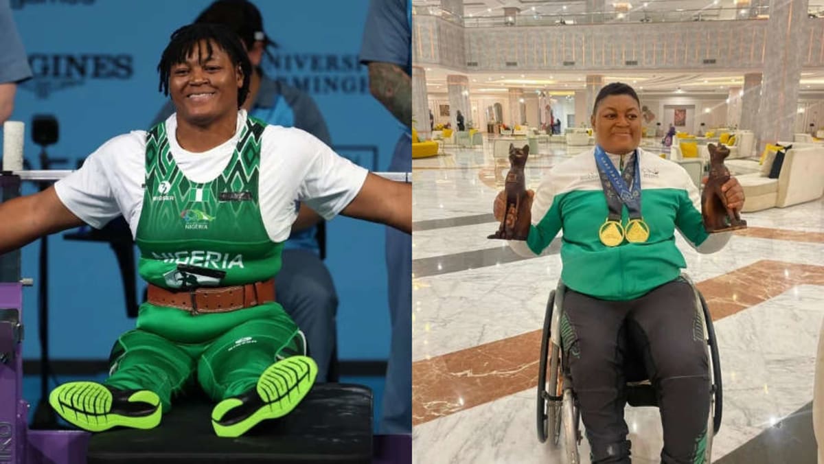 Folashade Oluwafemiayo competing in para-powerlifting competition wearing Team Nigeria uniform