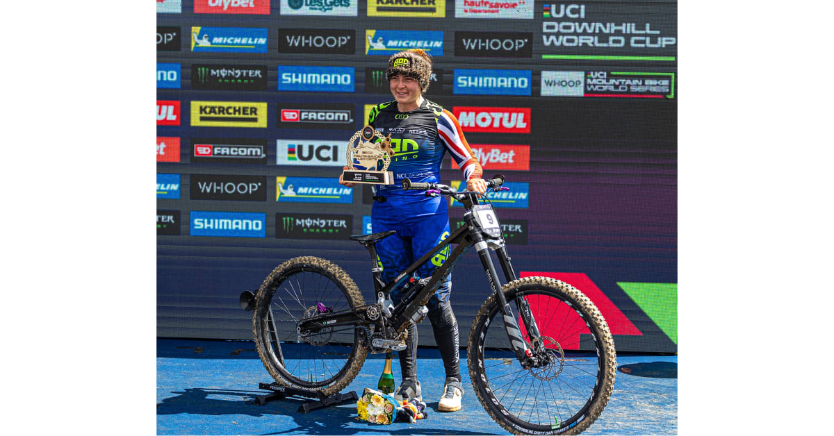 Hattie Harnden celebrates historic downhill mountain bike victory on belt-driven bicycle in France