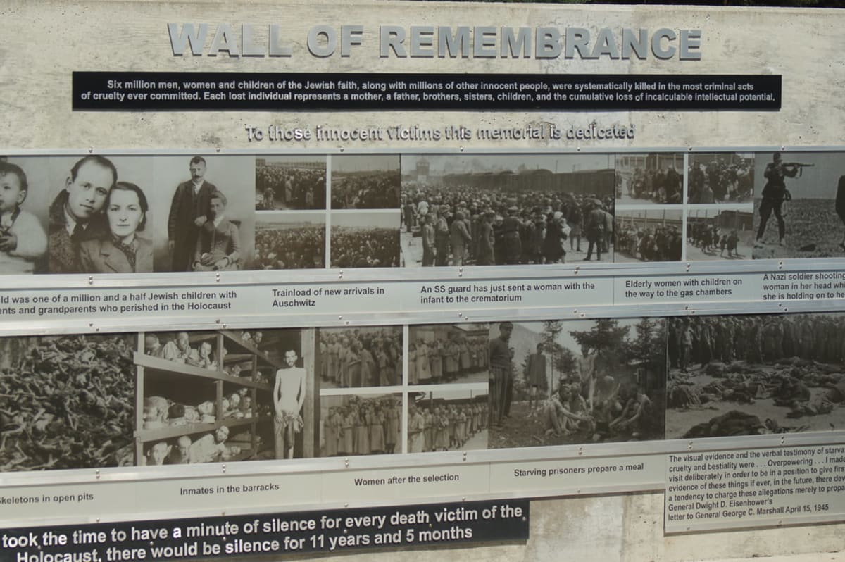 Holocaust remembrance wall memorial with candles and historical photographs displayed respectfully