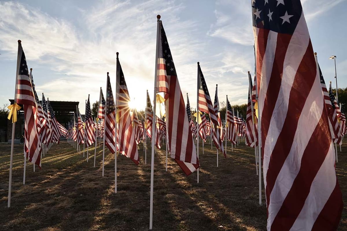 Rows of American flags flying at Murrieta Field of Honor community celebration event