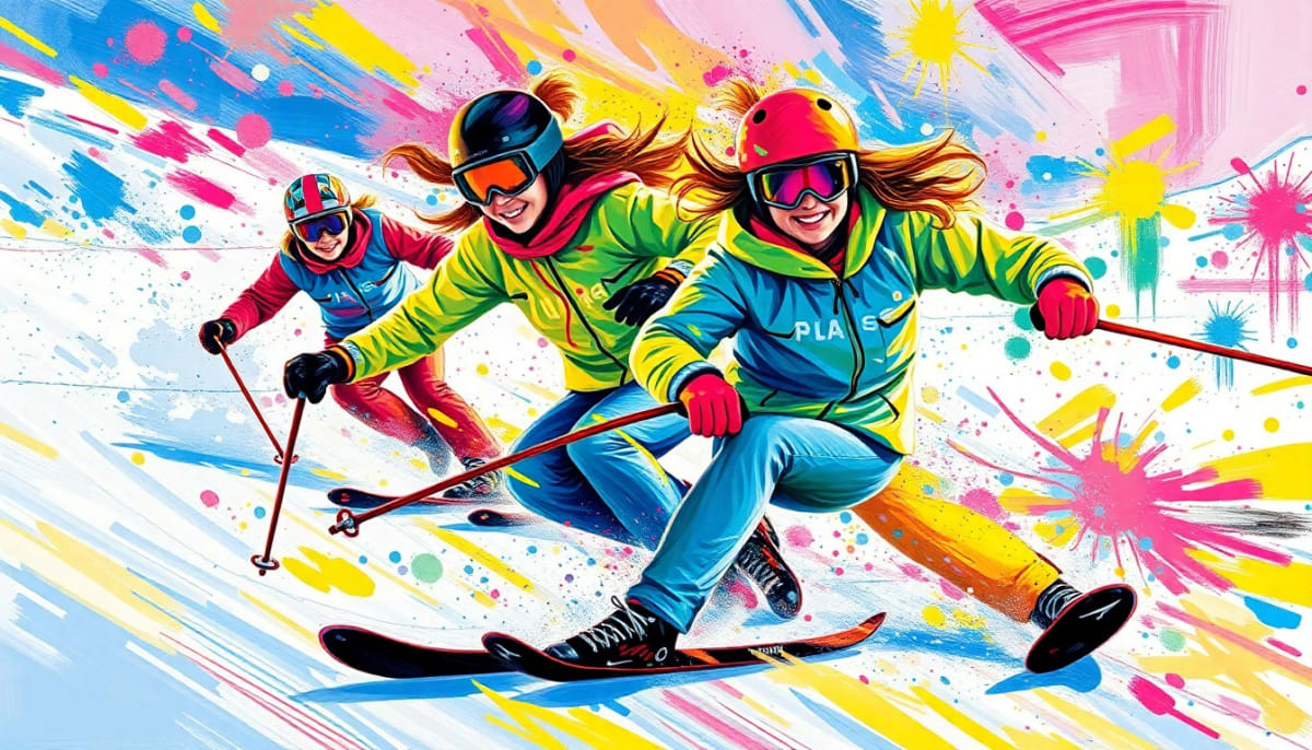 Olympic skier Mikaela Shiffrin coaching young girls on snowy slopes at Colorado mountain resort