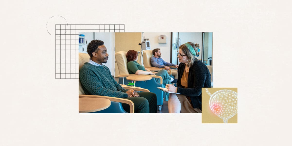 Medical researchers examining bladder cancer treatment data showing improved patient survival rates