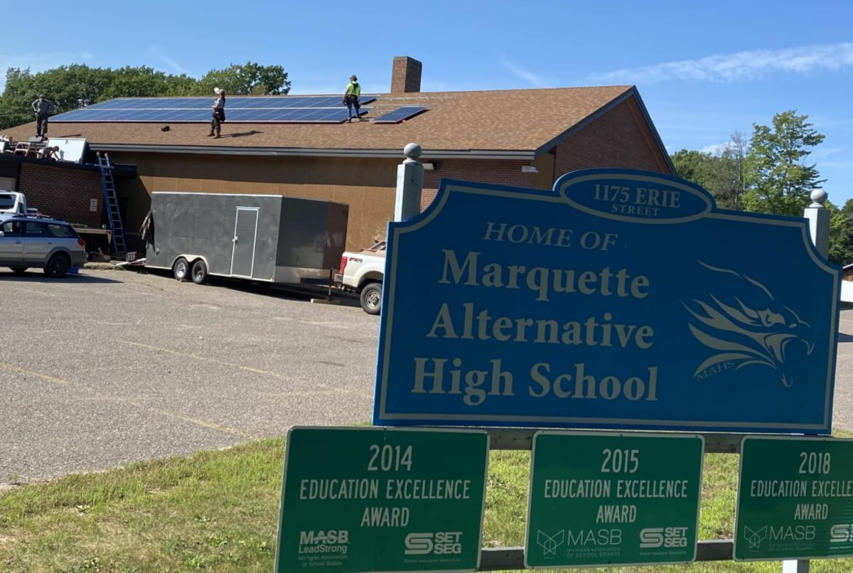 Solar panels installed on roof of Marquette Alternative High School in Michigan