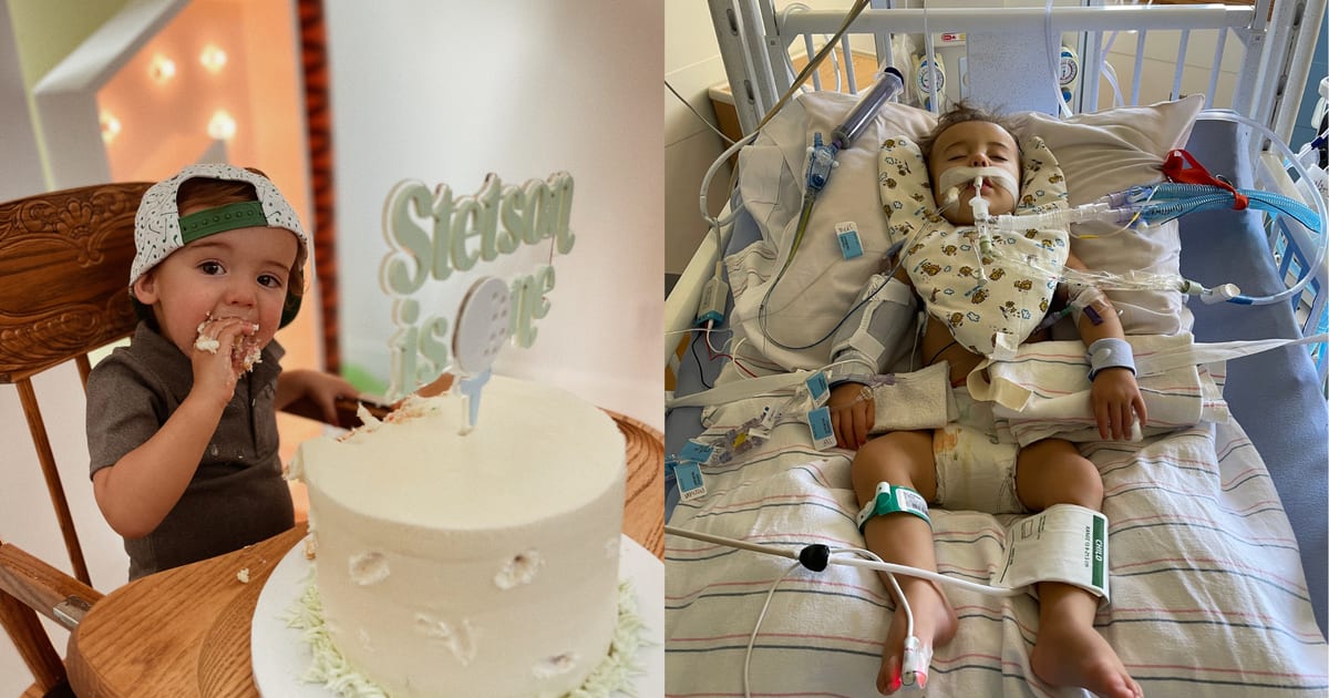 Happy four-year-old boy Stetson Hall playing guitar after recovering from brain injury