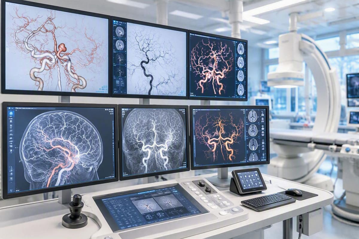 Medical researcher examining brain imaging scans in modern laboratory setting studying stroke recovery